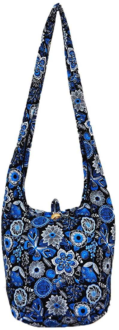 Price:$16.99    Thai Hippie Hobo Sling Crossbody Shoulder Bag Purse Handmade Zip Colorful Butterfly Flower Cotton Gypsy Boho Messenger Medium (M888 (Blue))  Clothing