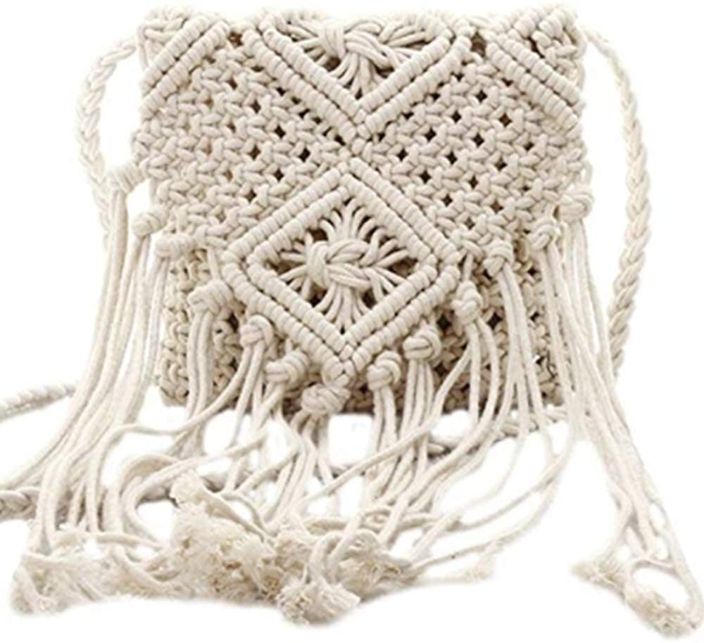 Price:$19.99 Crochet Shoulder Bag Pouch Cotton Tassel Bohemian Macrame Crochet Purse Beach Messenger Bags (White)  Handbags   
