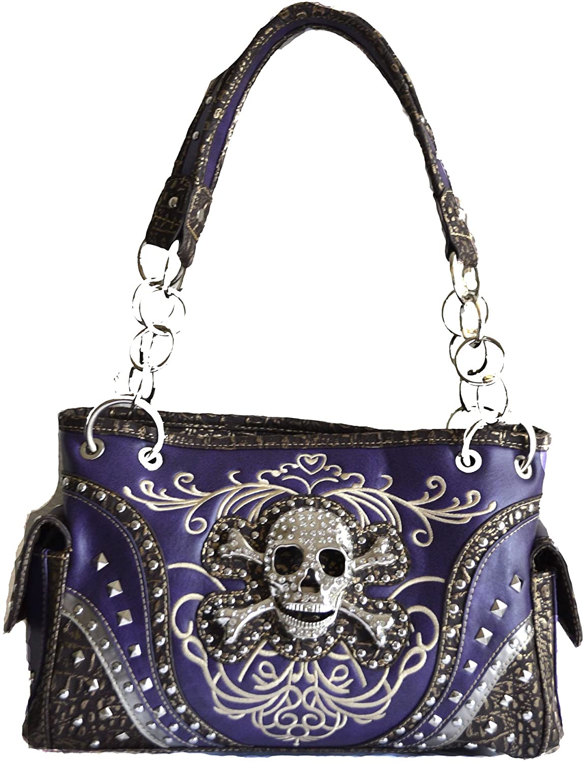 Price:$49.90 purple skull rhinestone crossbones stitched studs purse  Handbags   