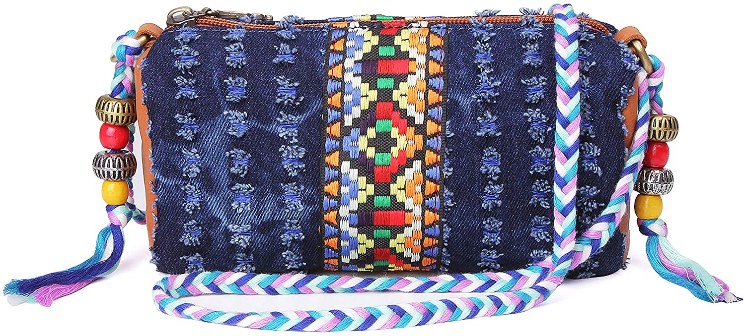 Price:$16.11    Ethnic Style Small Messenger Bag Denim Vintage Crossbody For Women Hobo Shoulder Bag Tie Dyeing Travel Mini Bucket Bag  Clothing