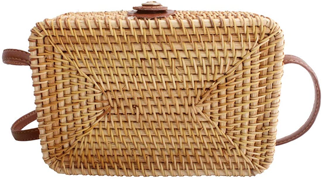 Price:$19.99 LETODE Handwoven Round Rattan Bag Square Shoulder bag Leather Straps Cross-body Bag (Square)  Handbags   