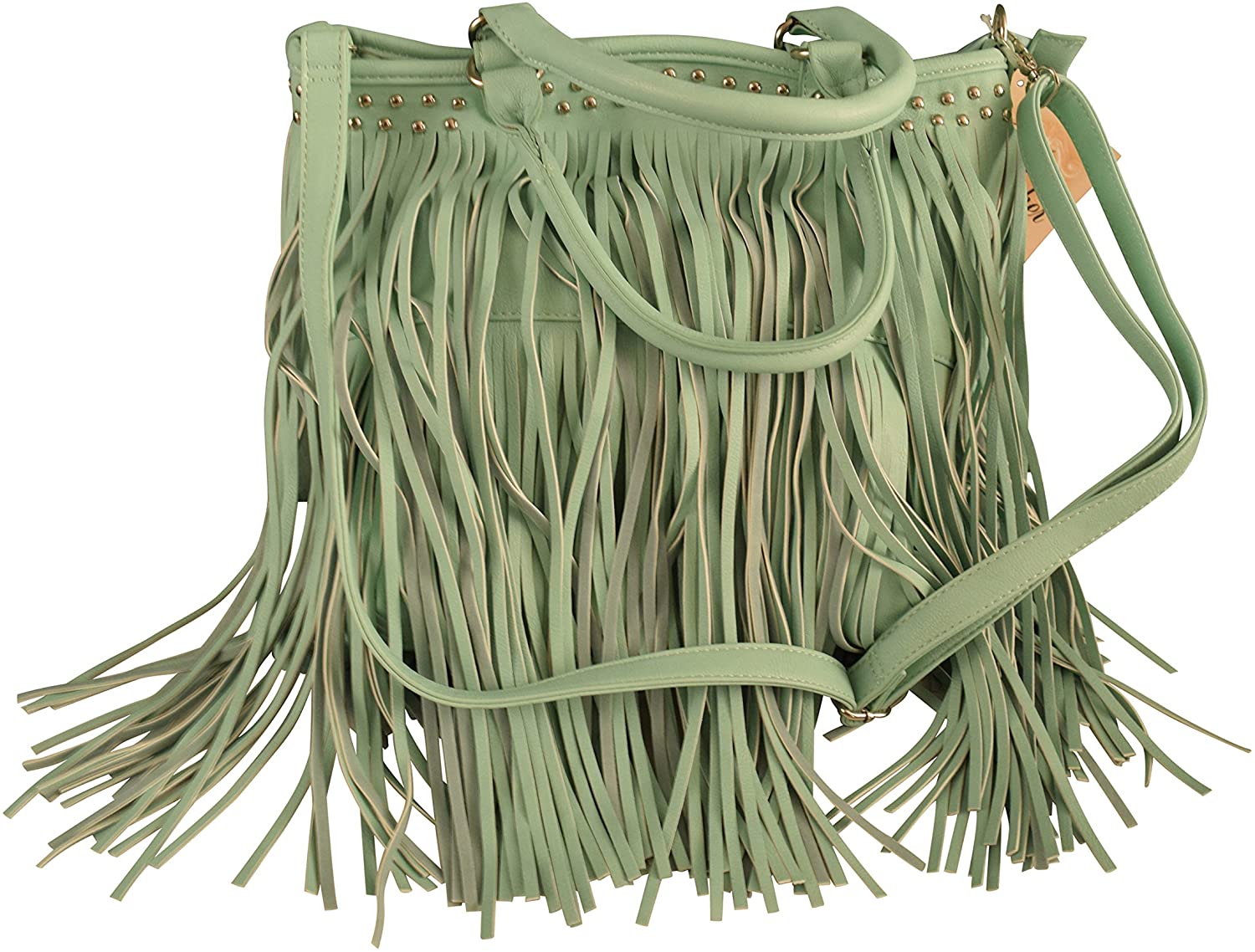 Price:$25.99 Womens Large Bucket Purse with 2 Layers of Fringe and Lined Interior, Studded Accents, Handles and Removable Adjustable Shoulder Strap (Mint)  Handbags   