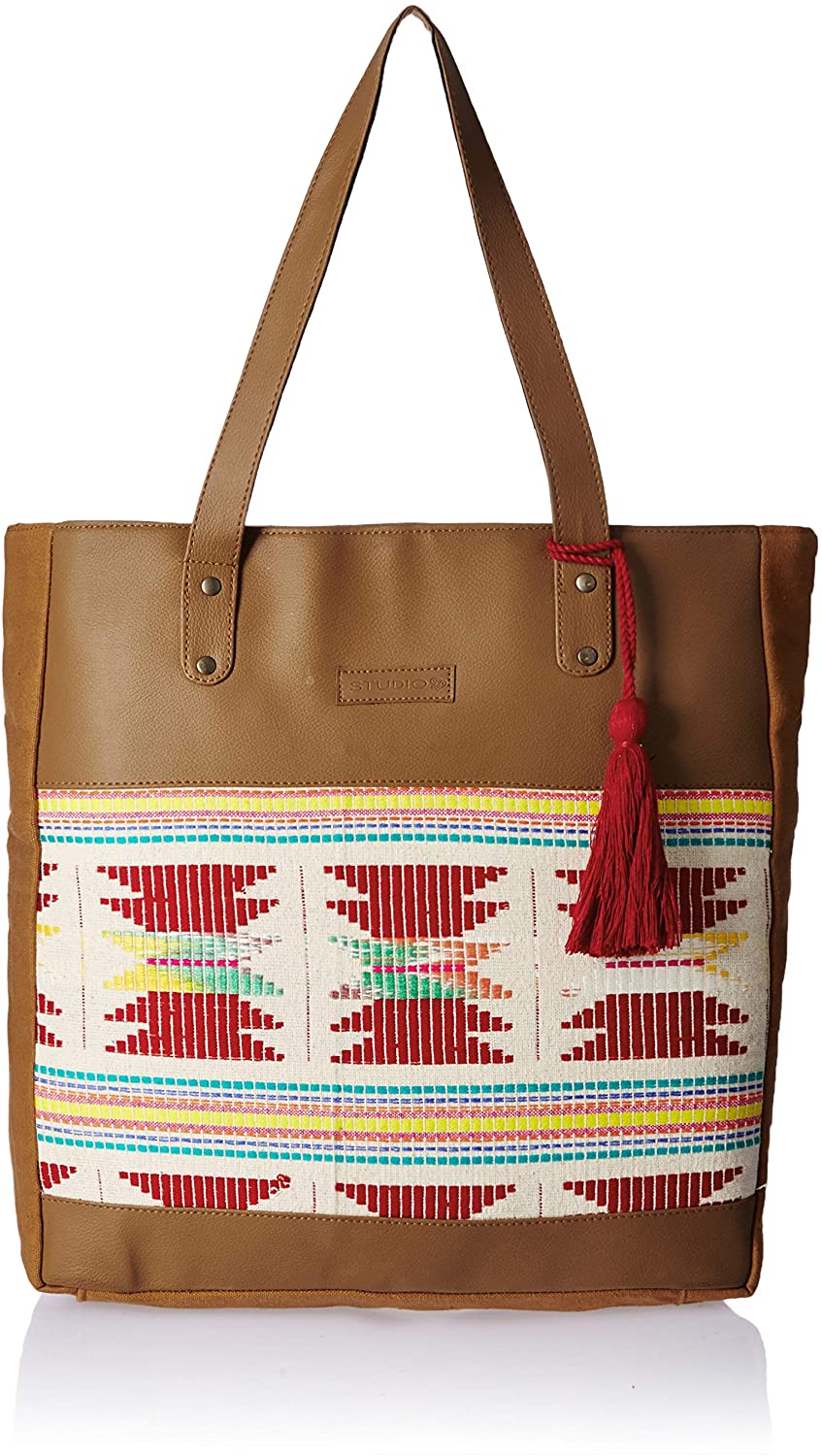 Price:$11.99    Studio99 Women Shoulder Tote Hand Bag-Boho Jacquard Canvas and Vegan PU Leather with Zip Closure and Tassels for Ladies, Teens, Girls (14 x 17 x 4"; Multi)  Clothing