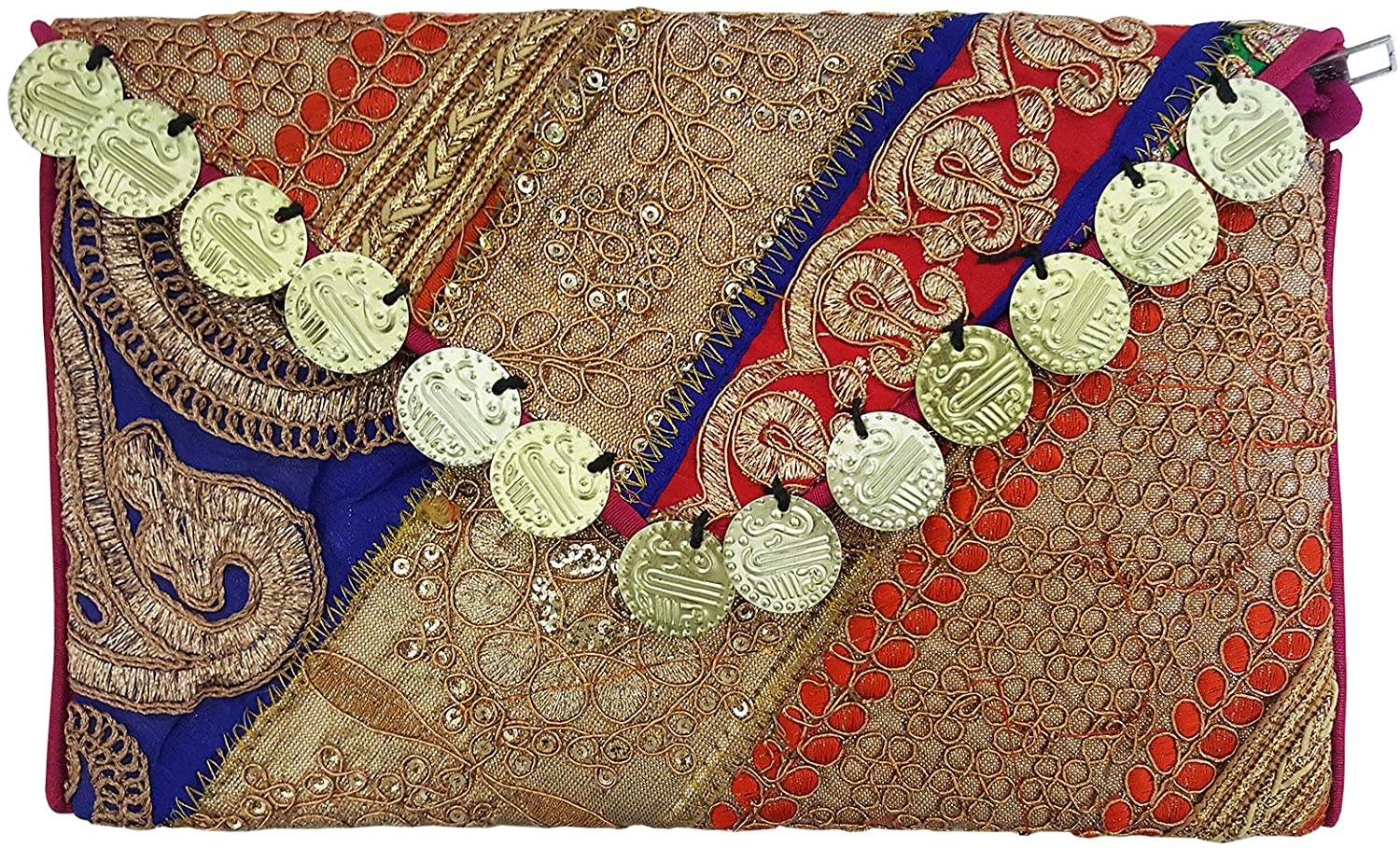 Price:$15.00 Mehrunnisa Kutch Tribal Vintage Patchwork With Coins Golden Bag For Women (BAG1789)  Handbags   