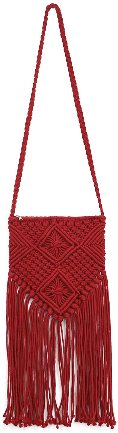 Price:$25.99 QTKJ Women's Crochet Crossbody Bag Hand-Woven Boho Long Tassels Summer Beach Cotton Messenger Shoulder Bag with Zipper (Red)  Handbags   