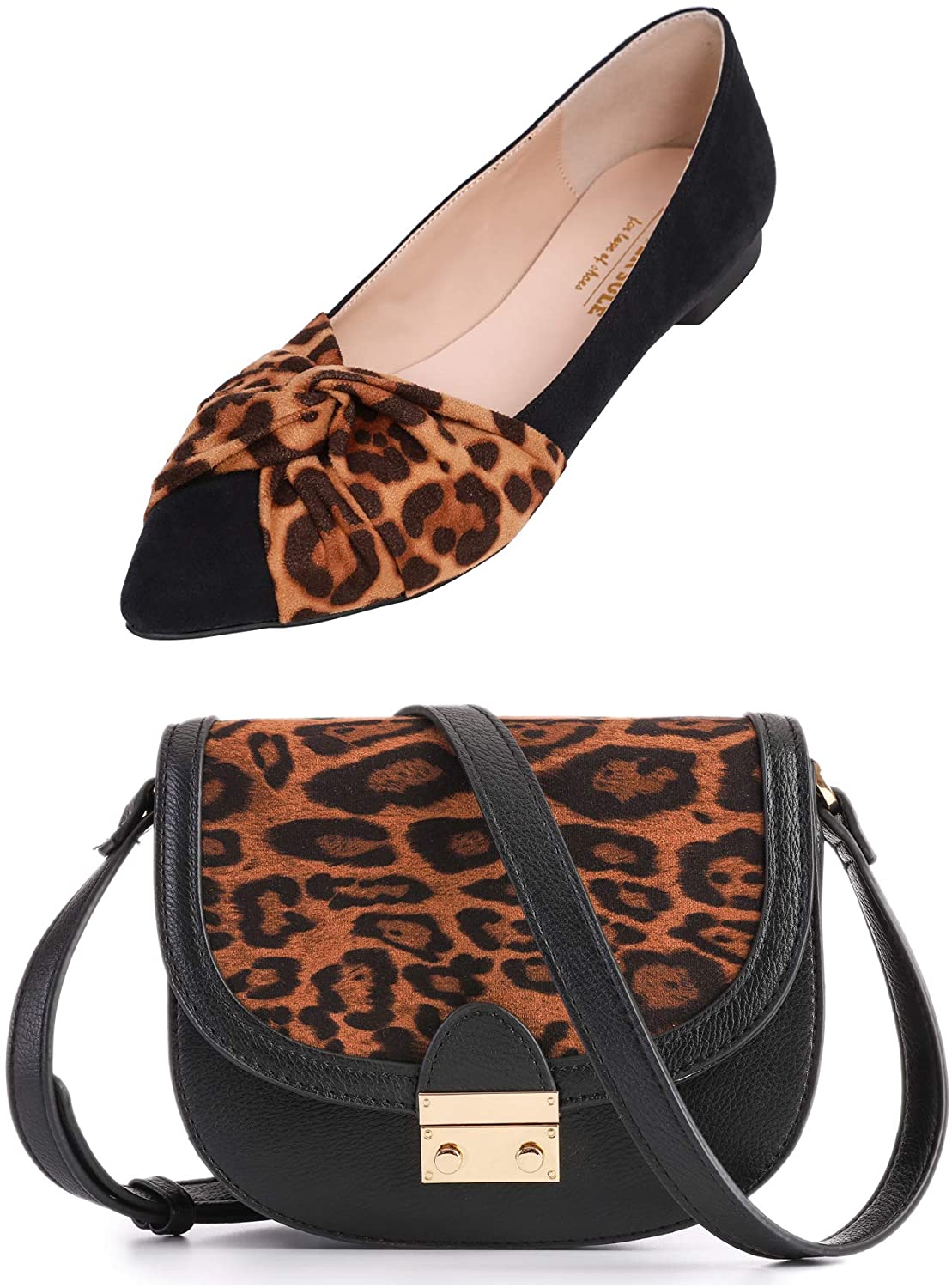 Price:$39.99 Feversole Womens Fashion Leopard Shoulder Purse Bag and Pointed Bow Tie Flat Size US6 Bundle  Handbags   