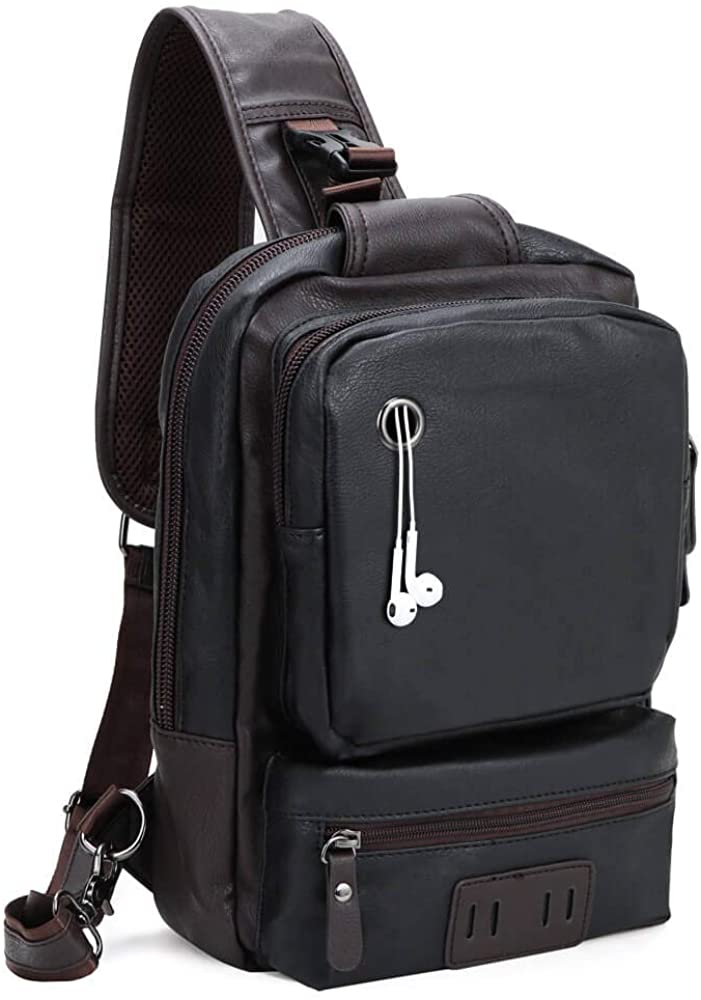 Price:$24.99 PU Leather Sling Chest Bag，Water-Resistant Cross-body Bag, Anti-theft Shoulder Pack, Funnideer Messenger Backpack (Black)  Handbags   