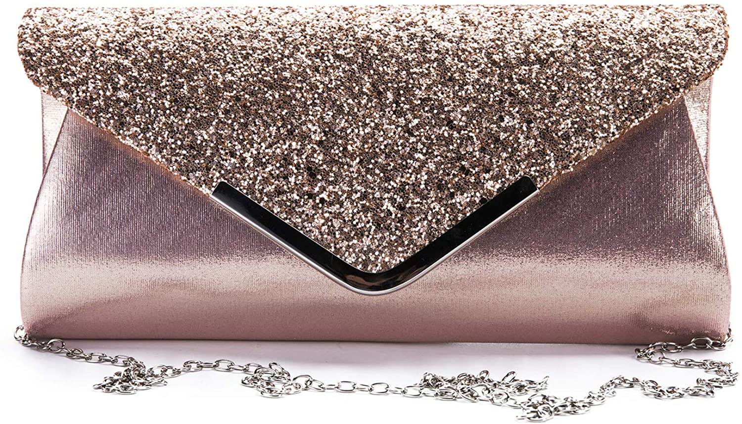 Price:$19.99 Evening Bags Sparkling Shoulder Envelope Clutch Party Cocktail Cross Body Handbags (B003-Rose Gold)  Handbags   