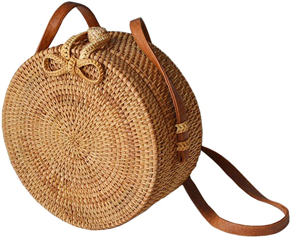 Price:$24.99 Forart Handwoven Round Rattan Bag Shoulder Leather Straps Natural Chic Crossbody Bags(Ship from USA)  Handbags   