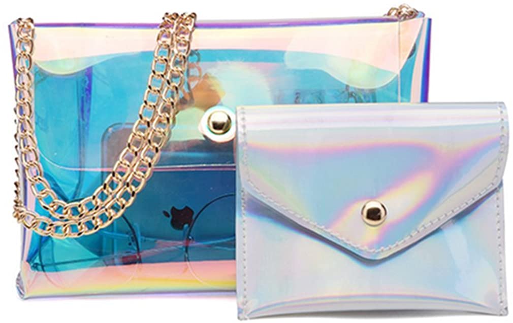 Price:$16.99 Women's PVC Holographic Cross Body Purse Shoulder Bag Clear Bag with Small Interior Bag  Handbags   