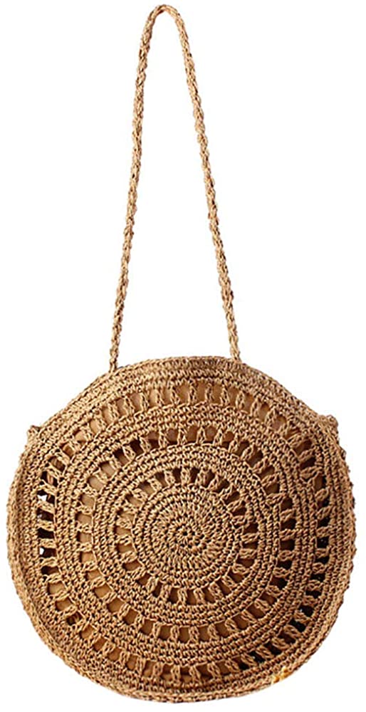 Price:$12.99 HIKEL Round Hollow Rattan Bag Straps Straw Shoulder Bag for Womens, Beach Travel Woven bag, Summer Cross Body Bag (Brown)  Handbags   