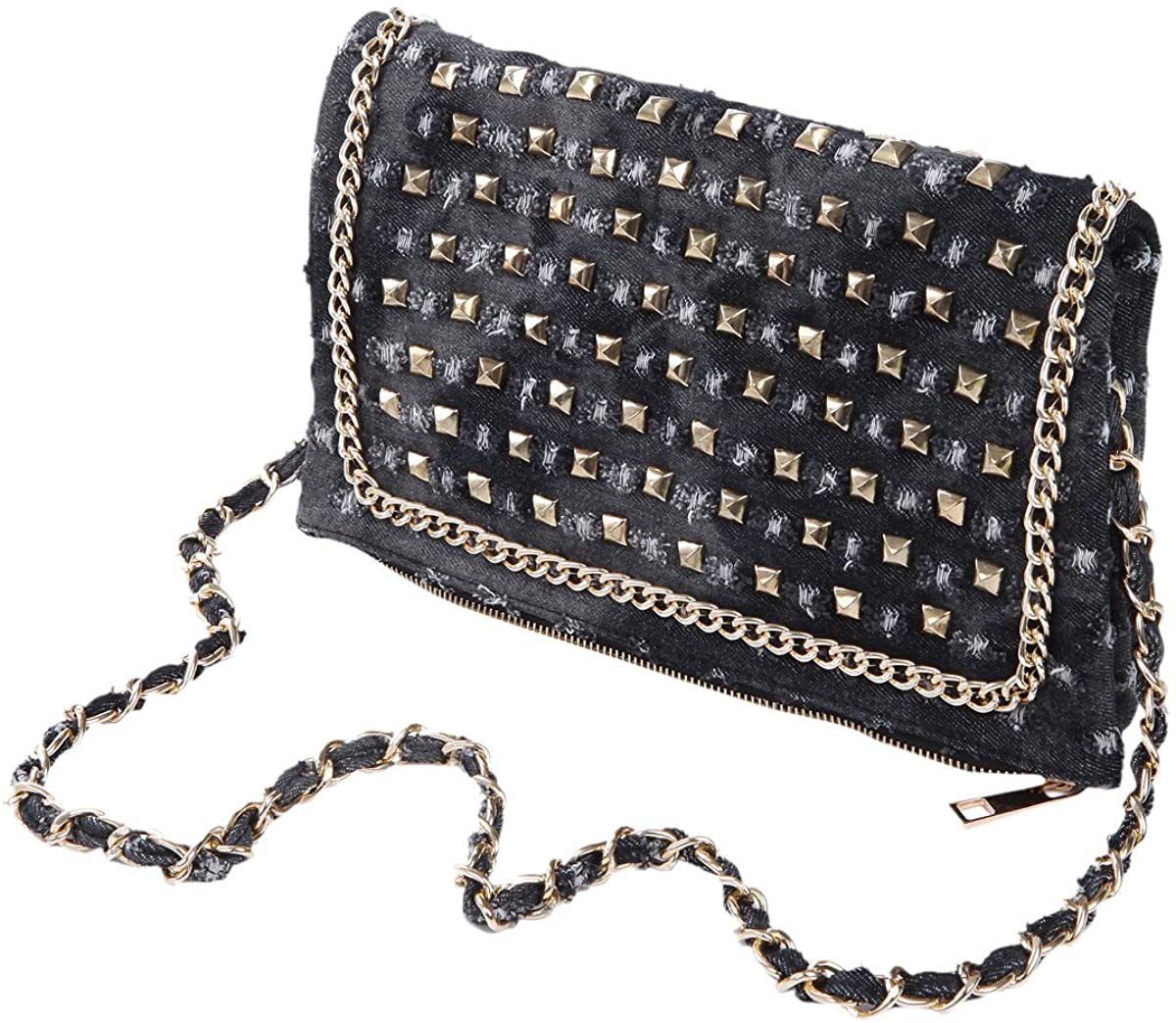 Price:$25.99 Premium Jeans Denim Studded Foldover Flap Shoulder Clutch Bag, Black  Handbags   