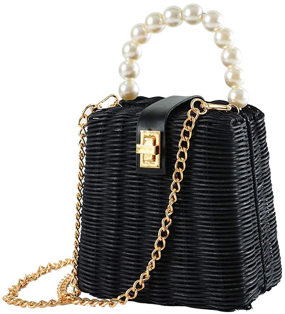 Price:$23.99    BEHIGHERQD Rattan Bag Women Straw Woven Crossbody Casual Bag Summer Shoulder Date Bag (Black)  Clothing