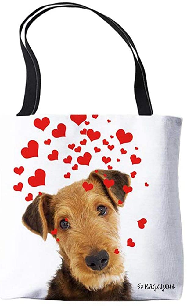 Price:$12.99    Dog Love for You Canvas Tote Bag Blow Kisses Love Hearts Airedale Terrier White Shoulder Bag Handbag Casual Tote  Clothing
