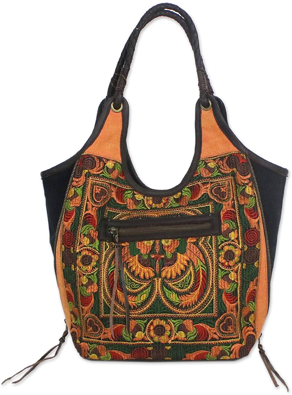 Price:$127.99 NOVICA Orange and Green Embroidered Shoulder Bag with Leather Accents, Sunny Pheasants'  Handbags   