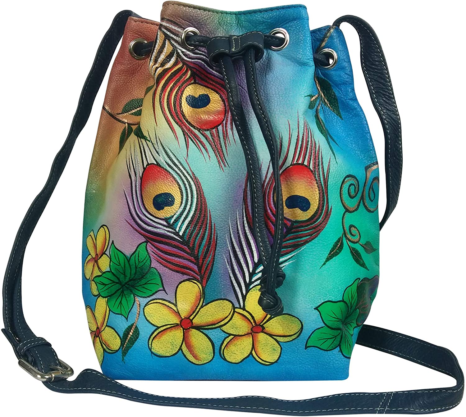 Price:$59.00 Louis Pelle Women's Genuine Leather Hand Painted Medium Cross Body Bag | Ladies Draw String Travel Organizer/Purse (Feather)  Handbags   
