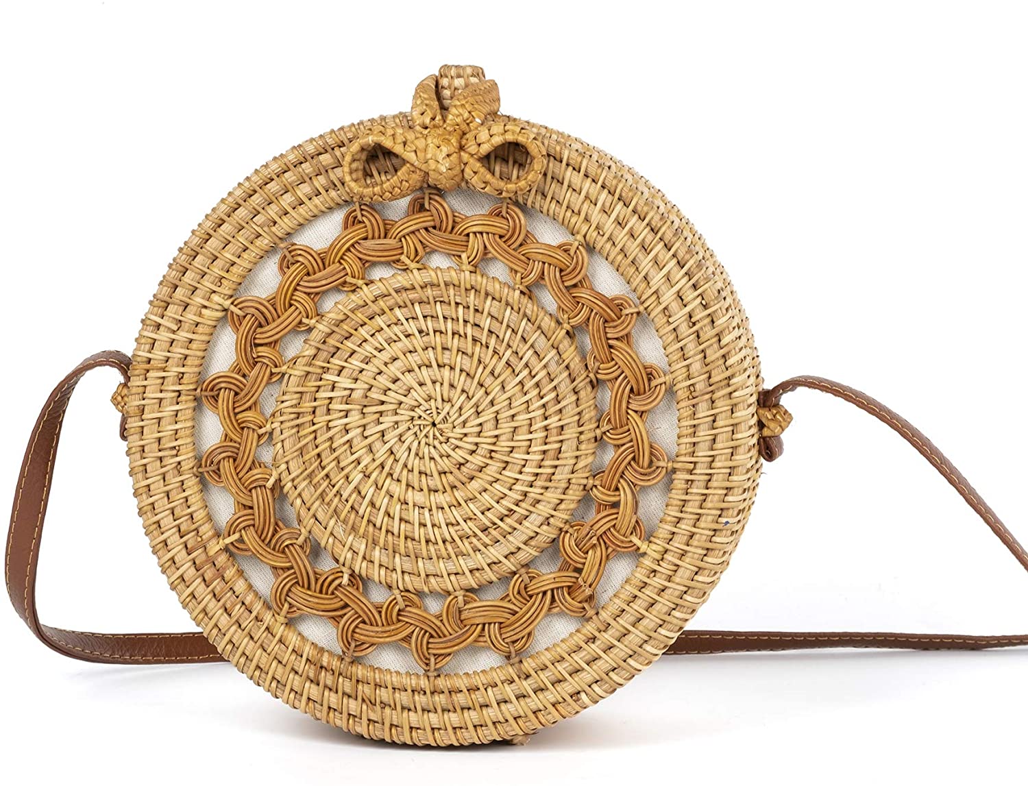 Price:$29.99    Handmade Round Rattan Shoulder Bag - Leather Straps Straw Tote for Women Premium Quality Circle Bag  Clothing