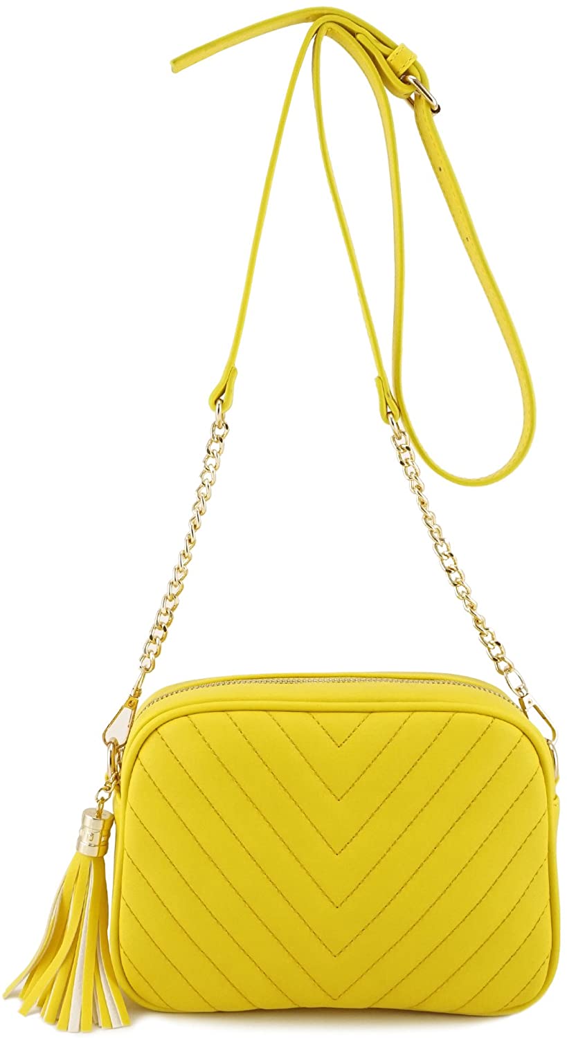 Price:$17.99 Simple Shoulder Crossbody Bag With Metal Chain Strap And Tassel Top Zipper (Yellow)  Handbags   