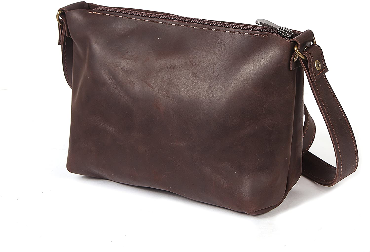 Price:$49.99 Women Crossbody Purse Shoulder Bag Antique Genuine Waxed Pull-Up Rustric Leather Minimalist Design Zip (Brown)  Handbags   