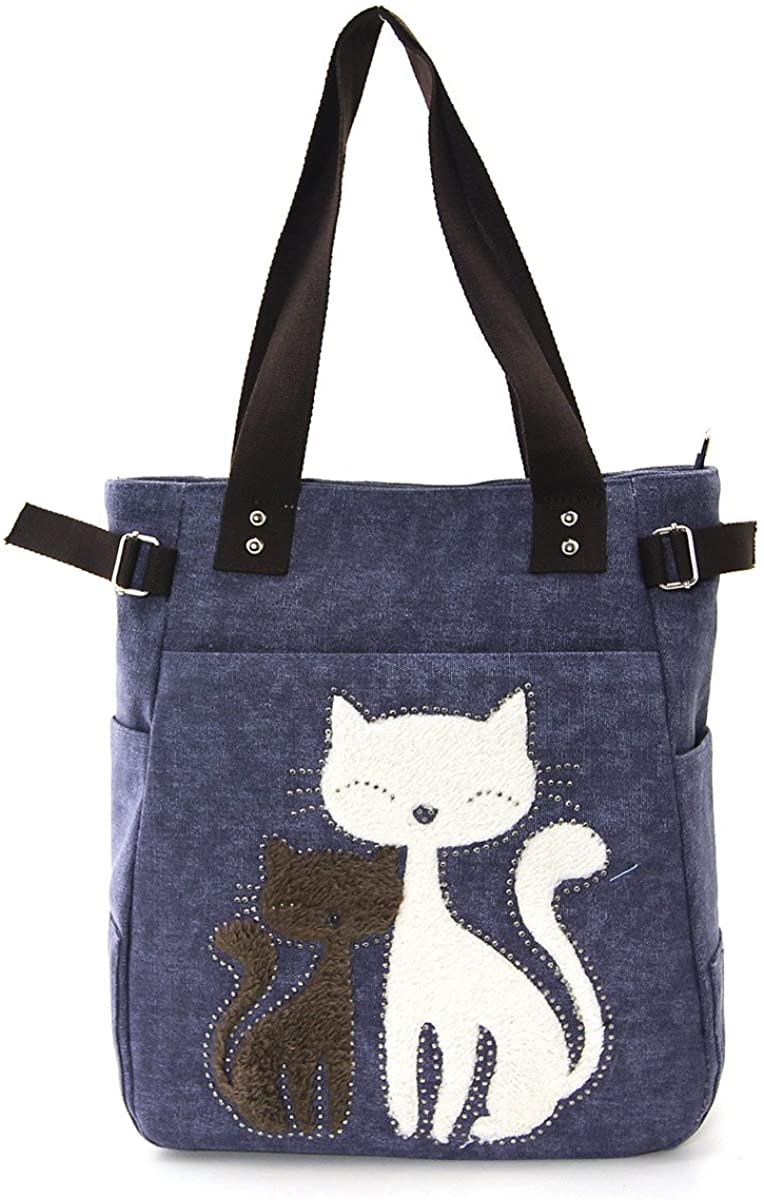 Price:$27.99    Lovely Cats With Faux Fur And Studs Canvas Tote Bag  Clothing