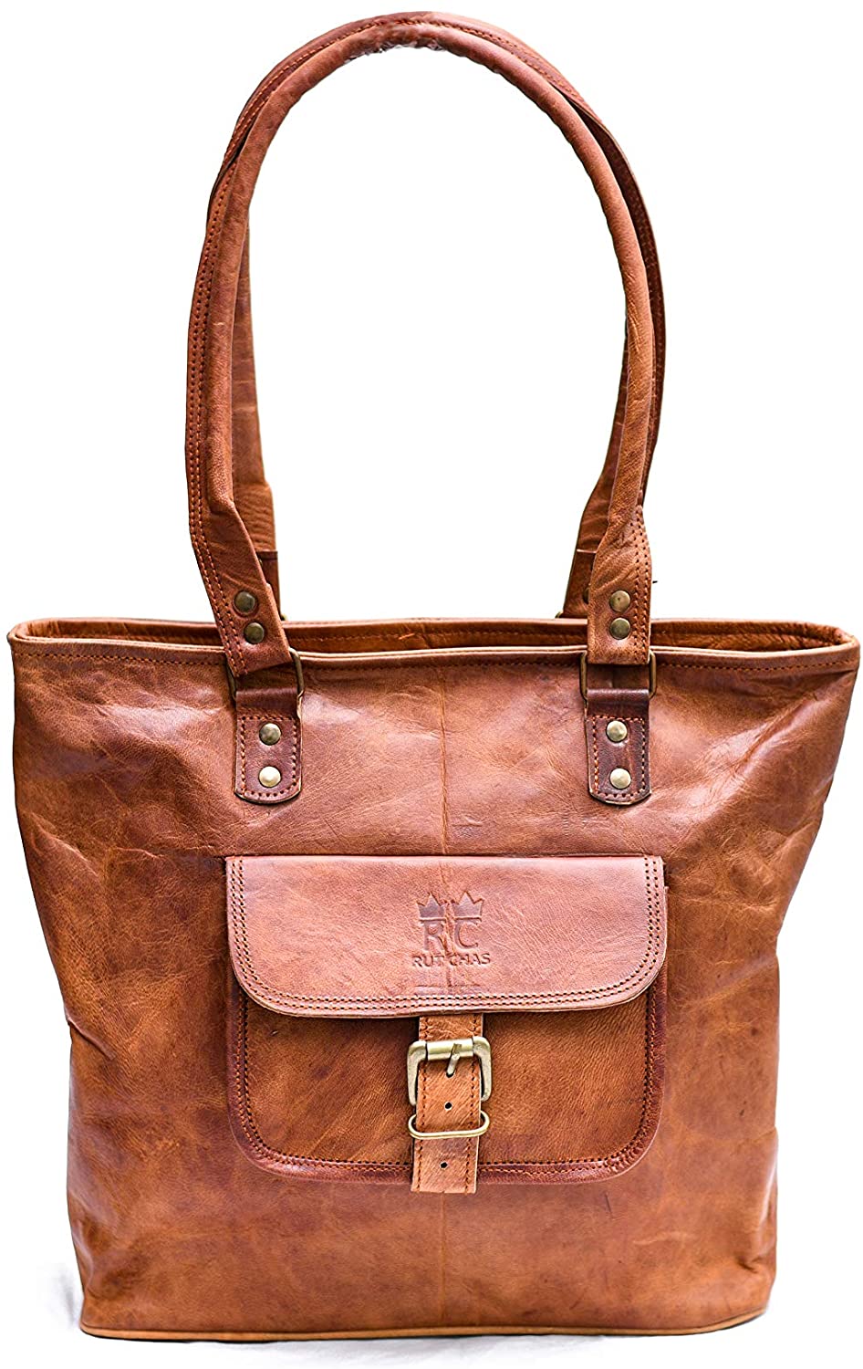 Price:$64.99    Women 14 Inch Leather Handmade Brown Satchel Tote Top Handle Shoulder Handbag  Clothing