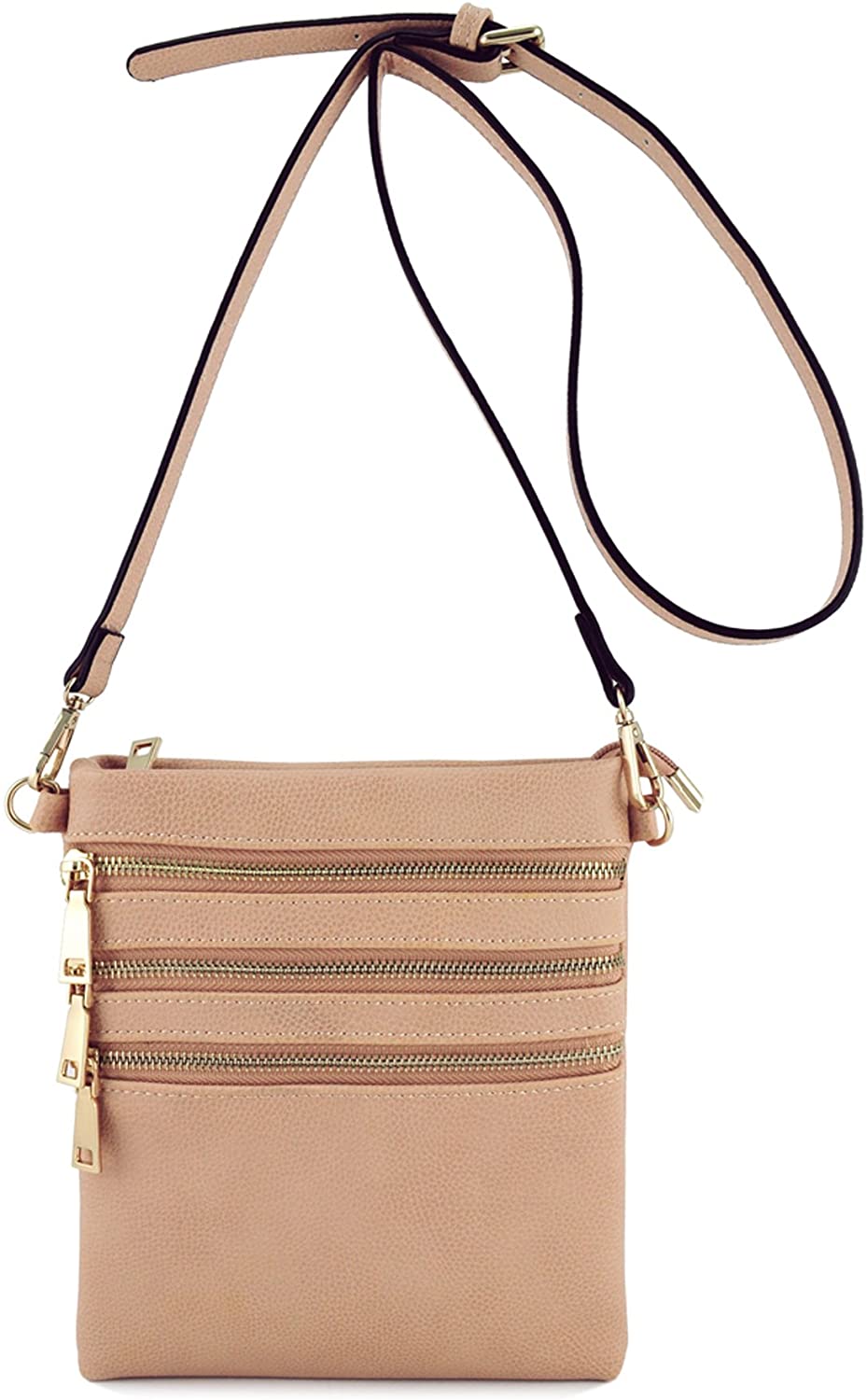 Price:$9.99 Basic 3 Zipper Shoulder Bag Crossbody DustyPink  Handbags   
