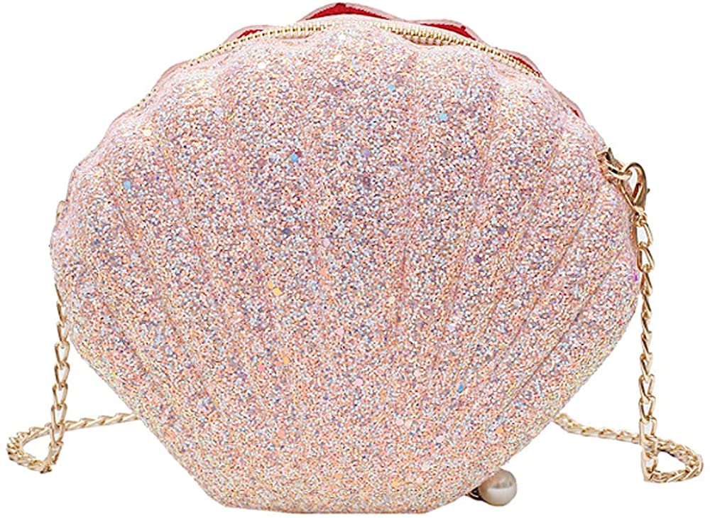 Price:$18.99    Queena Women Girls Shining Cross Body Bag Seashell Shape Double-Side Purse Chain Shoulder Bag Satchel Pink  Clothing