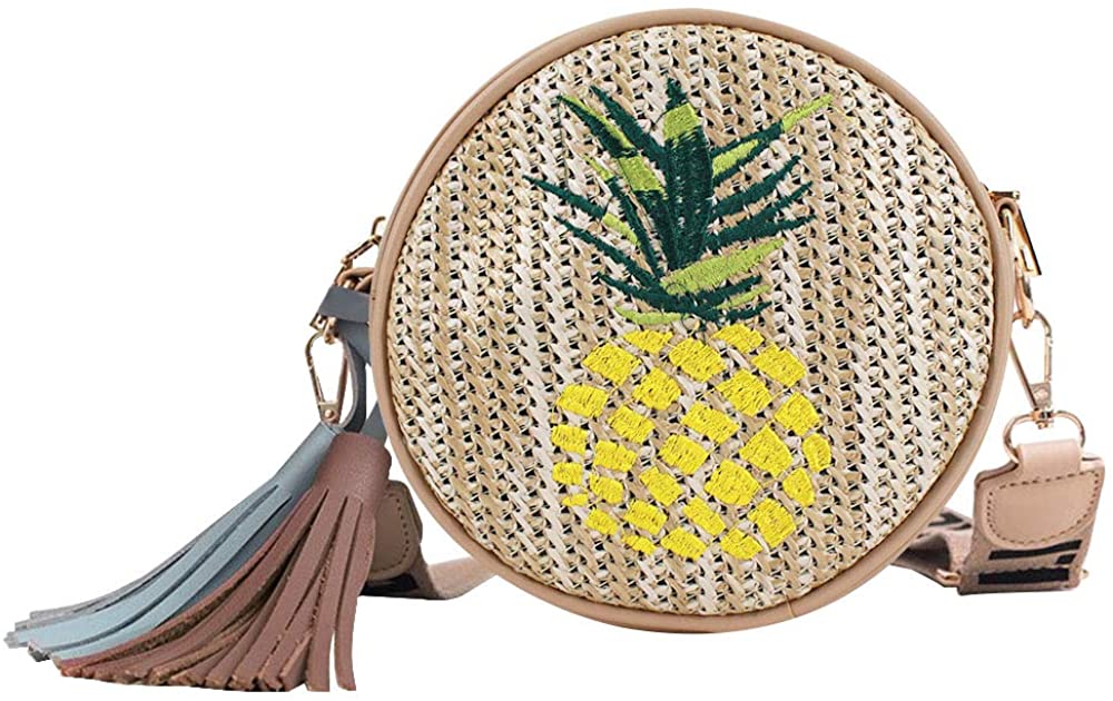 Price:$18.99 Vintage Straw Purse Handwoven Round Straw Crossbody Bag Embroidery Tassel Shoulder Bag Pineapple  Handbags   