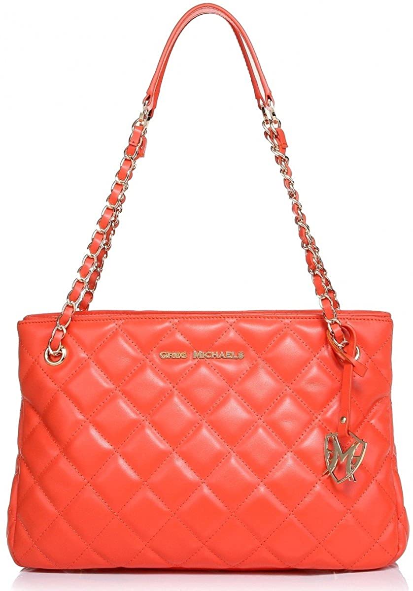 Price:$99.95    Greg Michaels Claudia Chain Black or Orange Quilted Genuine Nappa Leather Shoulder Tote (Orange)  Clothing