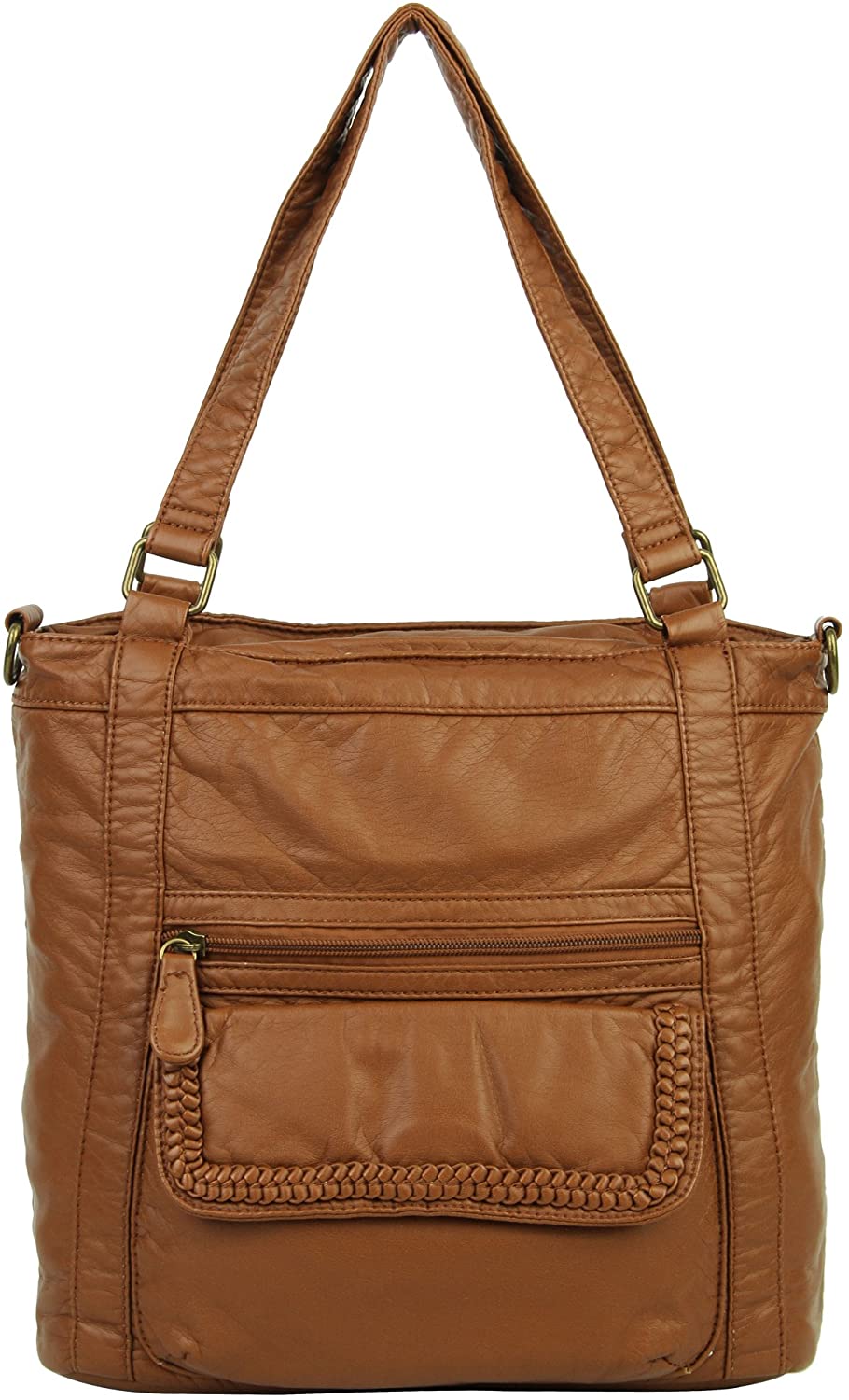 Price:$29.99 Functional Purse Shoulder Bag for Women in Soft Vegan Leather (Brown)  Handbags   