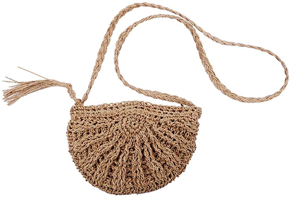 Price:$16.99 HIKEL Women Retro Small Semicircle Fringed Straw Shoulder Bag Beach Travel Bag, Summer Woven Bag Casual Crossbody Bag (Brown)  Handbags   