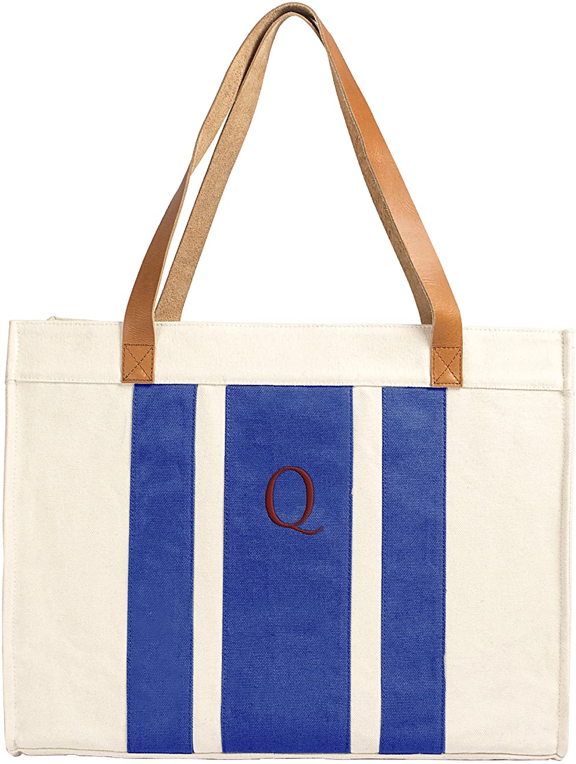 Price:$10.22    Cathy's Concepts Personalized Stitched Stripe Canvas Tote with Leather Handles, Blue, Letter Q  Clothing