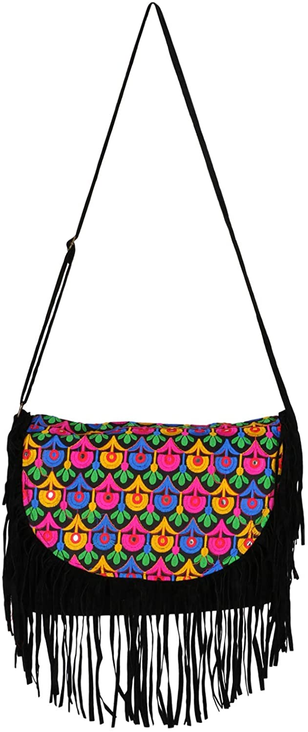Price:$19.99 Suman Enterprises's Velvet Handicraft Shoulder Cum Cross Body Bag for Girls & Women for College & Outing Purpose Etc. (Black)  Handbags   