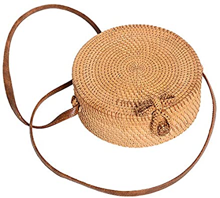 Price:$15.99 Patty Both Handwoven Round Rattan Bag Shoulder Leather Straps Natural Chic Hand Gyryp (Bowknot Button-Round)  Handbags   