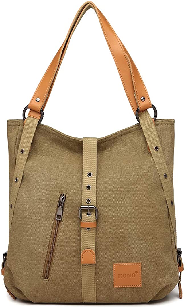 Price:$22.99    Kono Canvas Purse Handbag for Women Casual Shoulder Tote Bag Convertible Backpack 3 in 1 School Bag Khaki  Clothing
