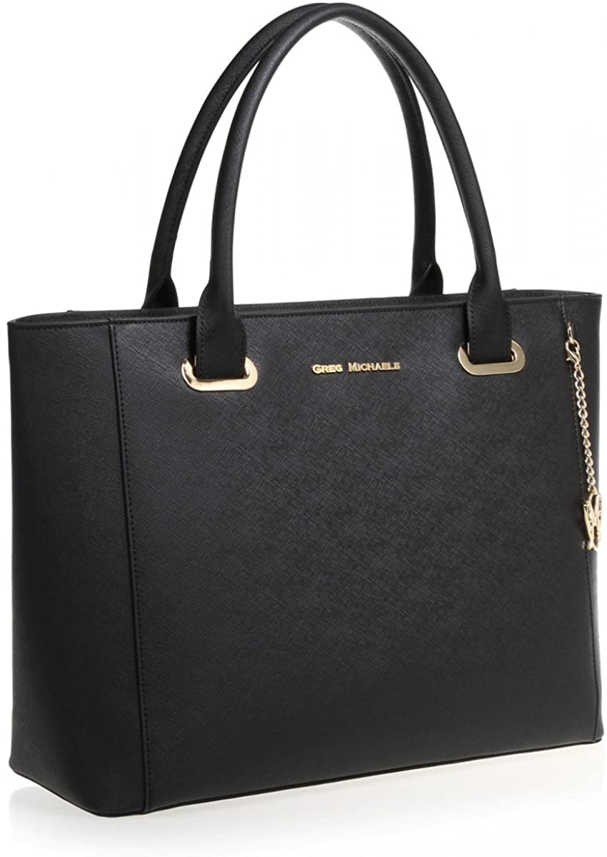 Price:$99.95    Hannah All Genuine Saffiano or Quilted Bag Leather Functional Tote By Greg Michaels - In Black/Blue/Tan (Black)  Clothing