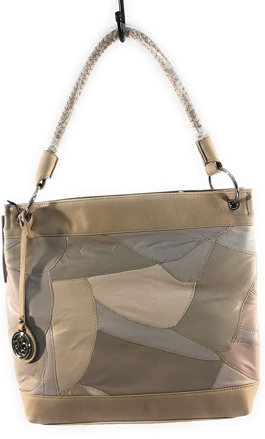 Price:$119.97 Madi Claire Leather Patchwork Woven Handle Shoulder Bag In Bone sTYLE 7004  Handbags   