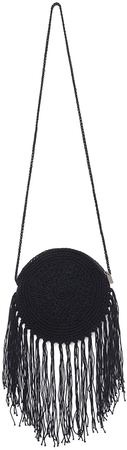 Price:$16.99 QTKJ Boho Long Cotton Tassels Crochet Flower Mini Crossbody Bag Handwoven Summer Beach Round Shoulder Bag with Zipper (Black)  Handbags   