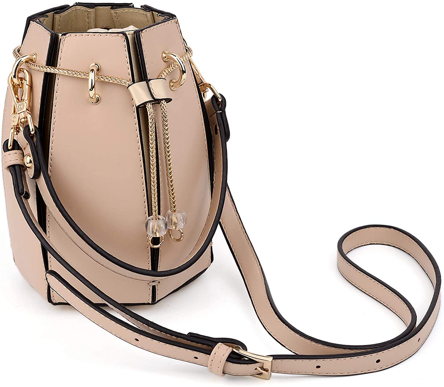 Price:$29.99 UTO Bucket Bag for Women Leather Vegan Crossbody Shoulder Purse with Drawstring Closure Beige  Handbags   
