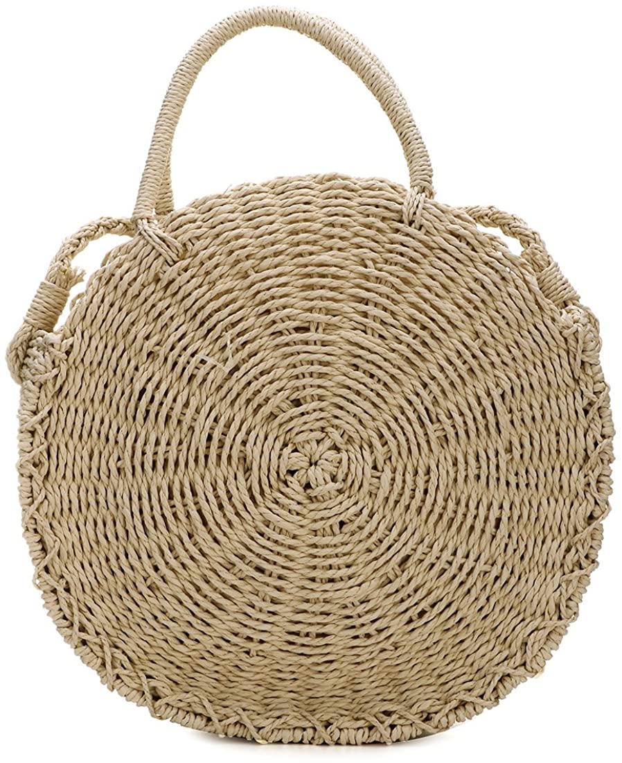 Price:$14.99    Handwoven Round Rattan Bag Shoulder Leather Straps Natural Chic Hand Round Straw Beach Bag (Khaki)  Clothing
