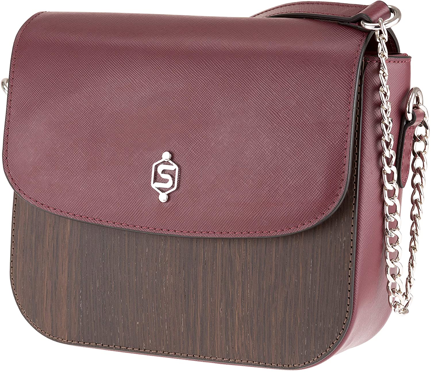 Price:$249.95 SEBASTIAN STURM Shoulder Bag »LAURA«, Made of Leather and Wood, Handbag for Women (Smoked Oak/Burgundy)  Handbags   