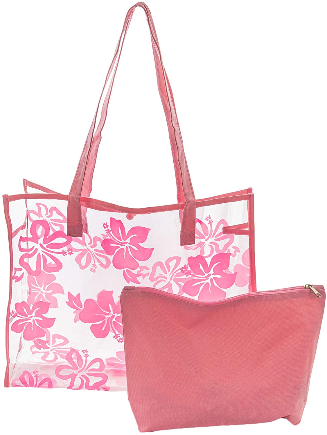 Price:$12.99    Lucky Fifty7 Clear Transparent Juicy Spring And Summer Floral Hibiscus Print Large Tote Bag, Fuschia, One Size  Clothing