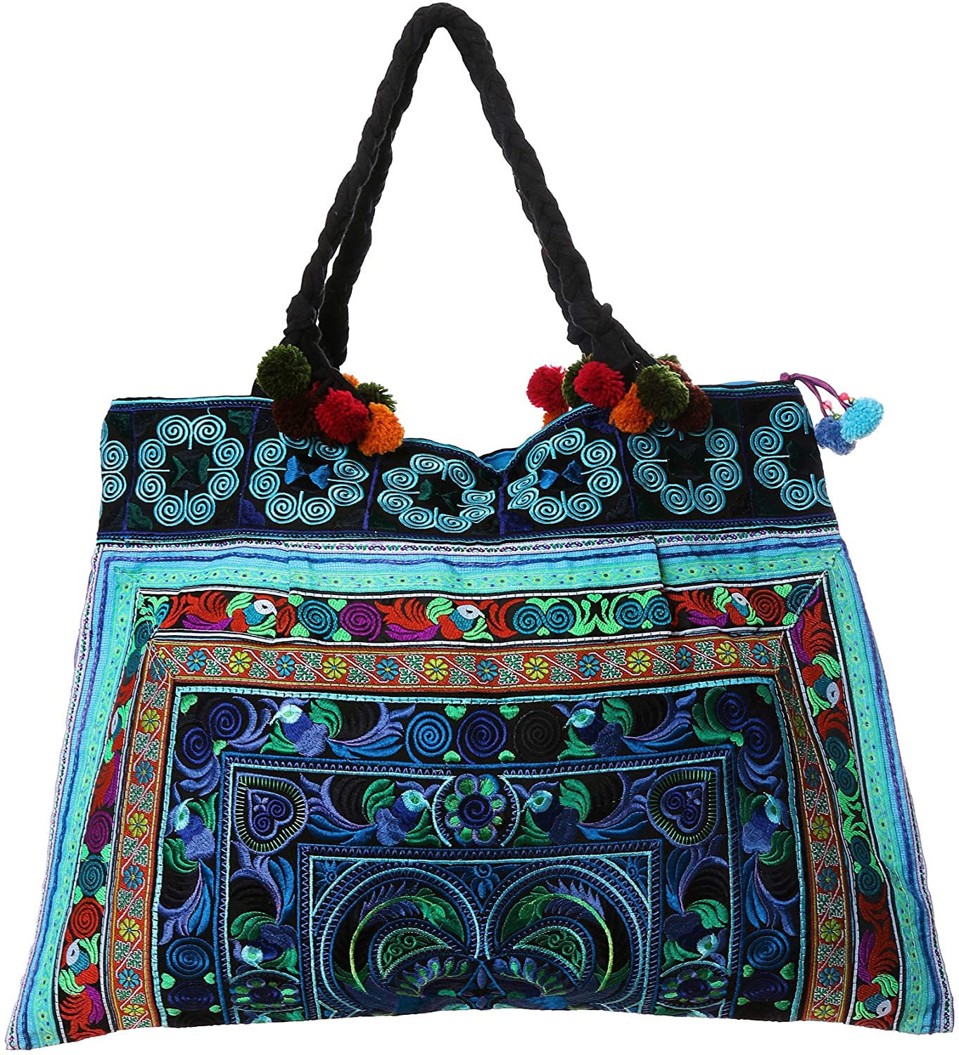 Price:$39.99    Changnoi Unique Fair Trade Tote Bag Embroidered Fabric Large Size from Thailand (Bird Blue)  Clothing