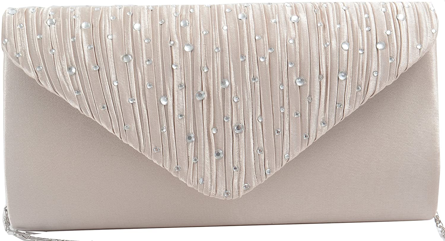 Price:$15.28 Pulama Pleat Satin Hot Fix Flap Evening Bag Elegant Handy Envelope Clutch Shaped Shoulder Bag For Wedding and Party(Elegant Lady)  Handbags   