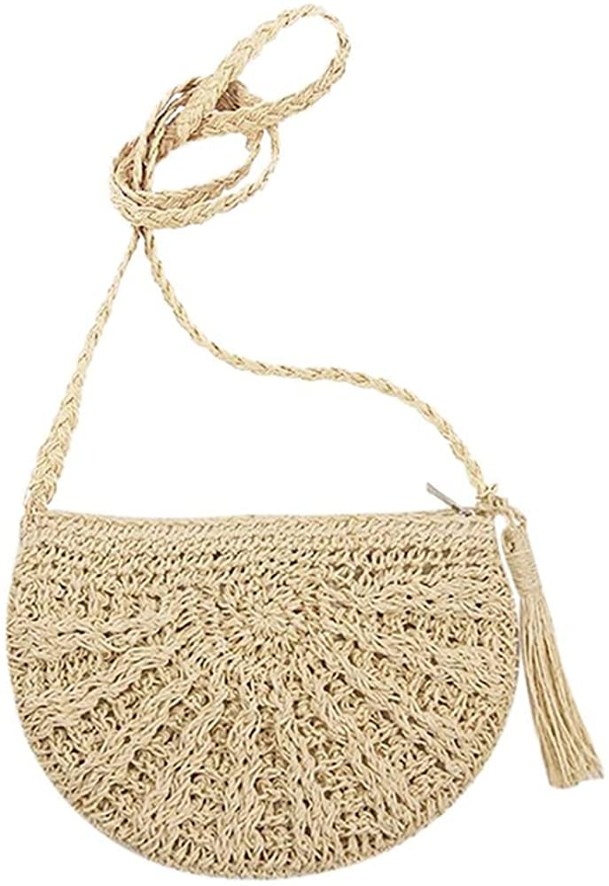 Price:$16.99 HIKEL Women Retro Small Semicircle Fringed Straw Shoulder Bag Beach Travel Bag, Summer Woven Bag Casual Crossbody Bag (Beige)  Handbags   
