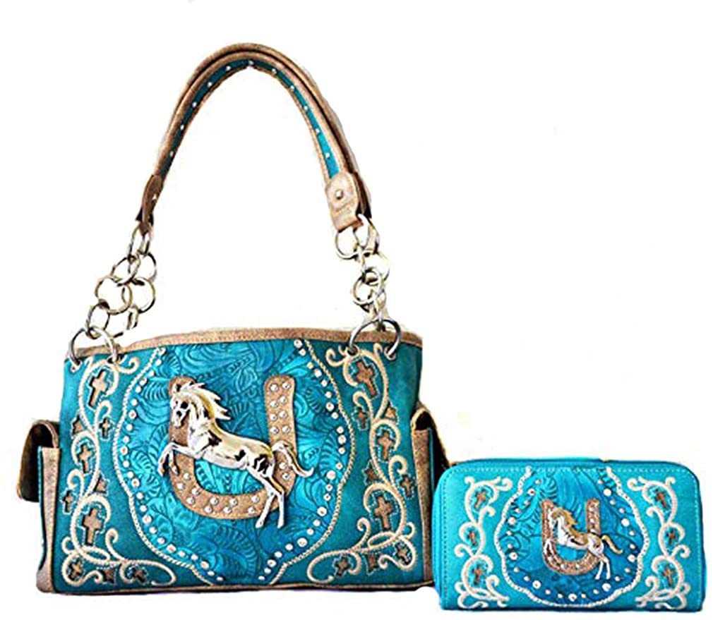 Price:$59.99 Cowgirl Equestrian Horse Embroidery Top Handle Shoulder Handbag with Matching Wallet set (blue)  Handbags   