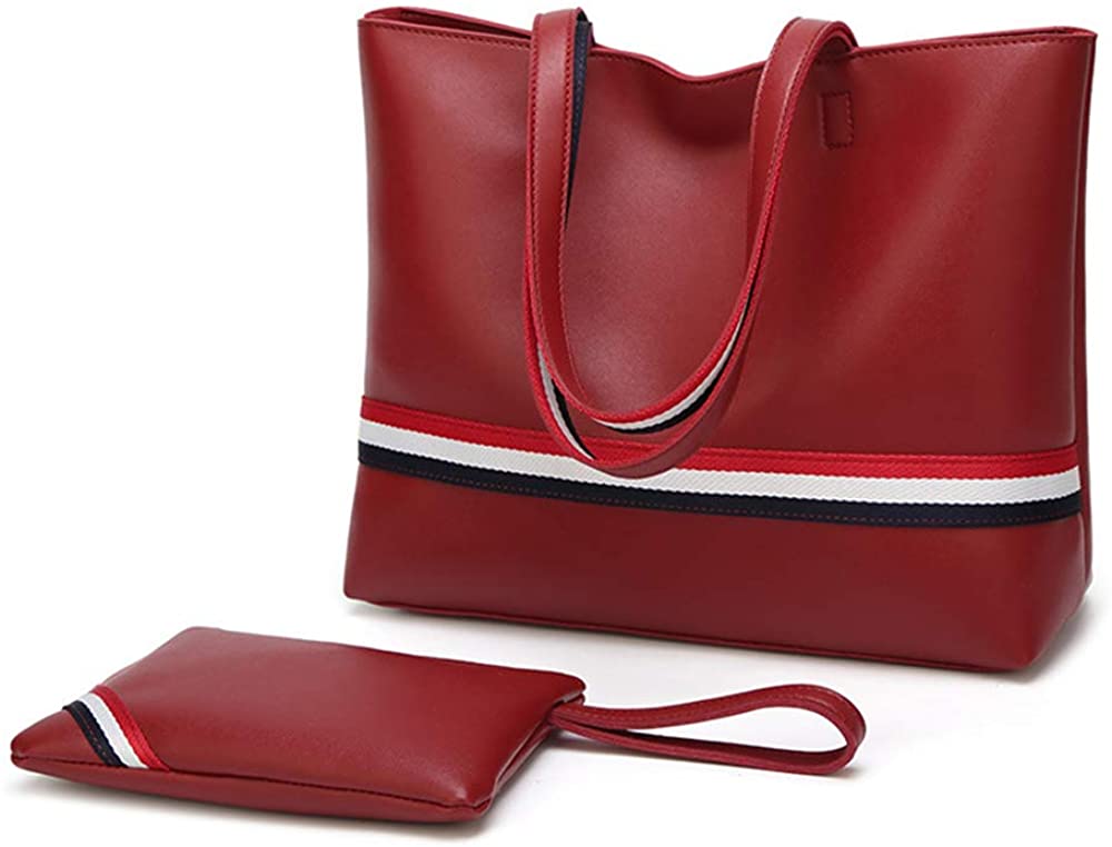 Price:$19.78 Vintage Leather Tote Shoulder Bag with Stripes Decoration for Women and Girls | Large Capacity Leather Handbag By HQSlife (Red)  Handbags   