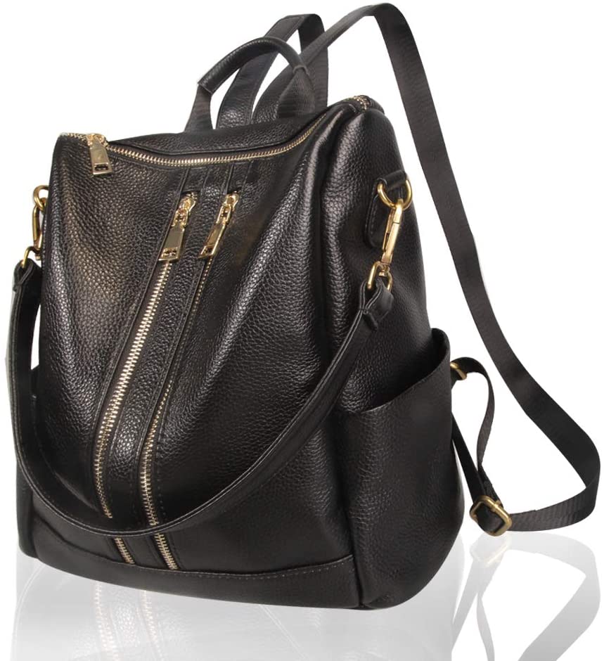 Price:$46.99    Front Double Zipper Women Work Backpack Convertible Black Purse Real Leather Shoulder Bag  Clothing