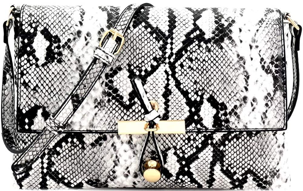 Price:$29.95 Knot Design Classy Vegan Leather Medium Flap Crossbody Shoulder Bag Clutch Purse (1Snake Print - White/Black)  Handbags   