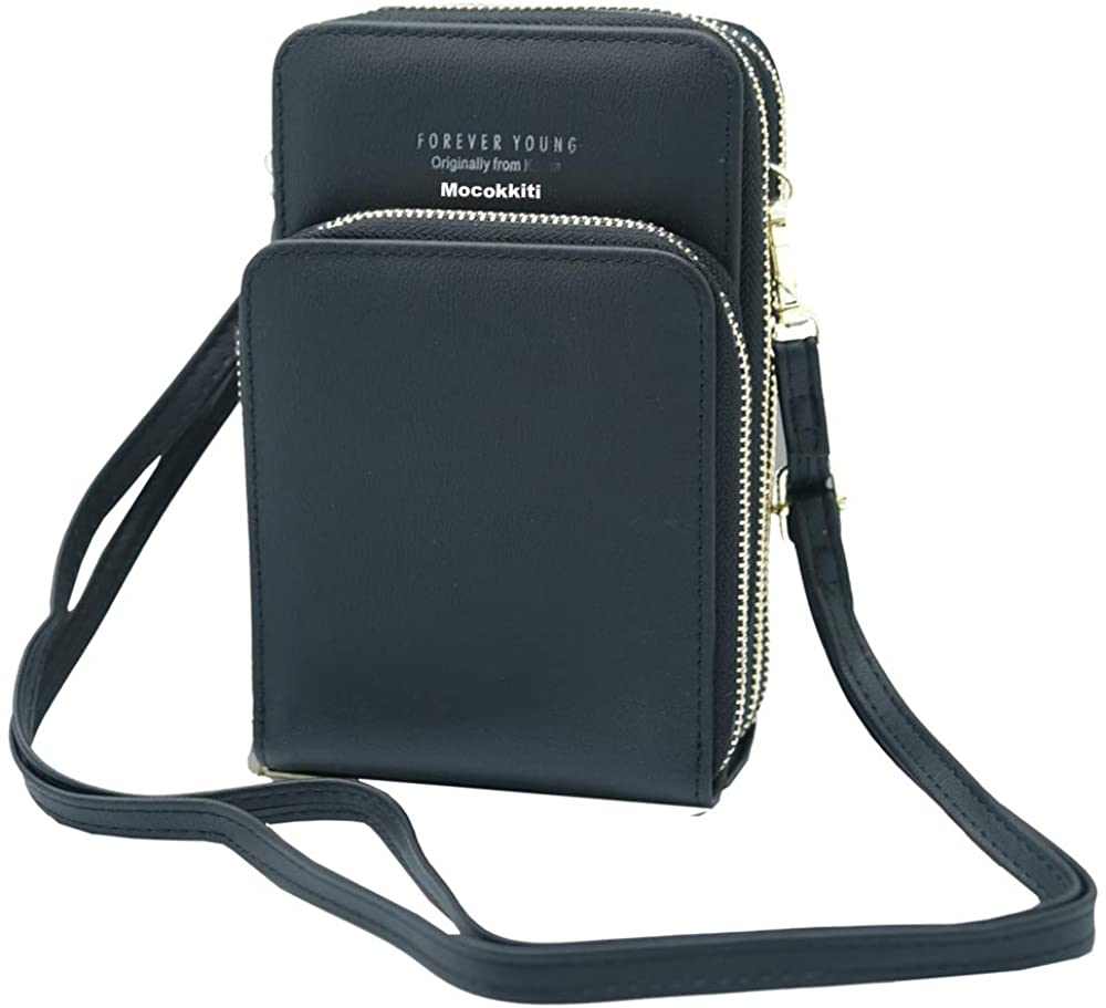 Price:$9.99 Mocokkiti Small Crossbody Bag for Women Leather Cellphone Shoulder Purses with Card Slots Multiple Zipper Closure Wallet (Black)  Handbags   